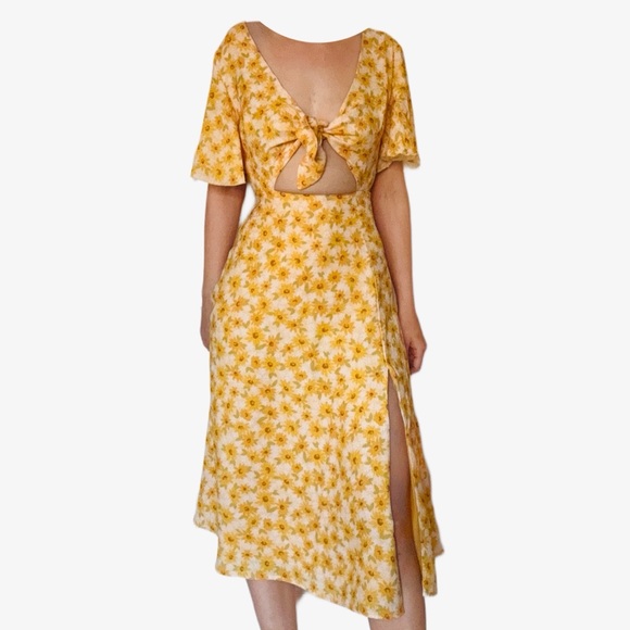 Yellow flower sundress, spring, front tie, cutout, midi, SHOWPO - Picture 2 of 9